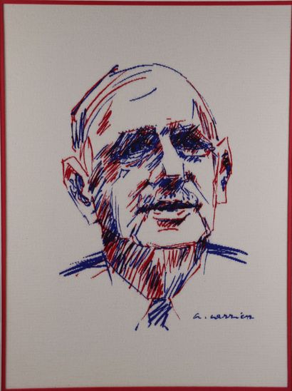 null Alain CARRIER (1914-2020), d'après. 

Le Général De Gaulle. 

Tapisserie, signée...