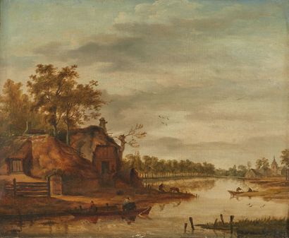 null Ecole FLAMANDE du XIXème siècle.

Chaumière au bord d'un lac avec des pêcheurs.

Huile...