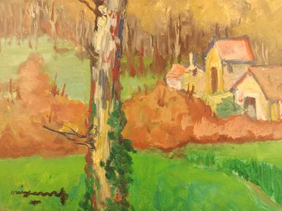 null Père CREIXAMS (1893-1965). 

Paysage espagnol au hameau. 

Huile sur toile,...