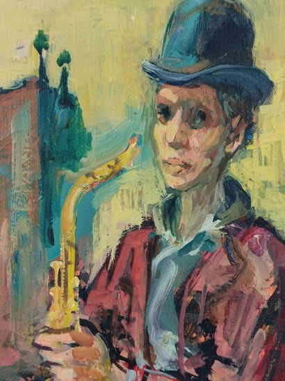 null Père CREIXAMS (1893-1965). 

Le saxophoniste de rue. 

Huile sur toile, signée...