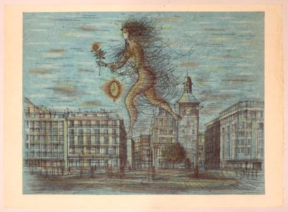 null Jean CARZOU (1907-2000). 

Femme à la rose survolant la ville. 

Lithographie...