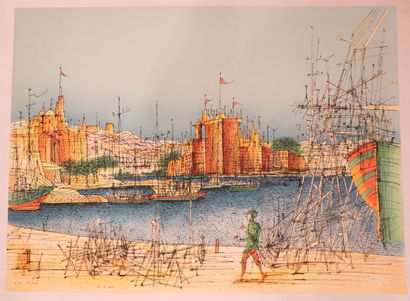null Jean CARZOU (1907-2000). 

Sur le port. 

Lithographie en couleurs, signée au...