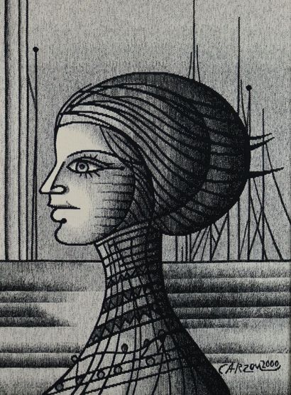 null Jean CARZOU (1907-2000) et Manufacture d'Aubusson. 

Femme au profil au chinion.

Tapisserie...