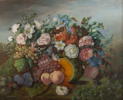 null Ecole française du XIXème siècle.

Nature morte aux fleurs et melon.

Aquarelle...