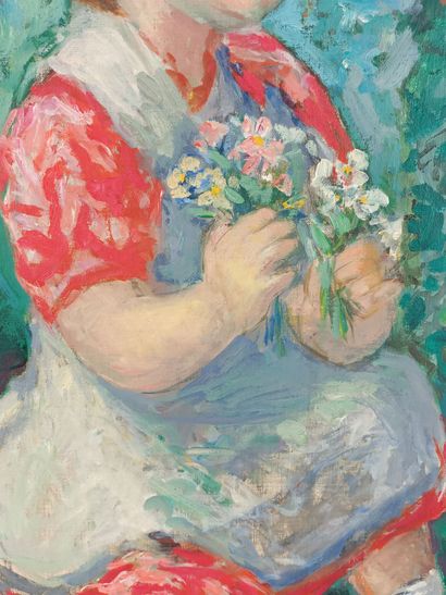 null Père CREIXAMS (1893-1965). 

Jeune fille au bouquet de fleurs et chapeau de...