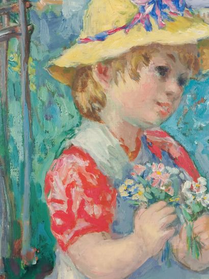 null Père CREIXAMS (1893-1965). 

Jeune fille au bouquet de fleurs et chapeau de...