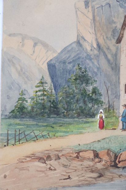 null École italienne de la fin du XIXème siècle.

Paysage animé de vallée en montagne

Aquarelle...