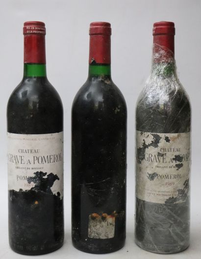 null CHATEAU LA GRAVE A POMEROL.
 TRIGANT DE BOISSET.
Millésime : 1989.
3 bouteilles,...