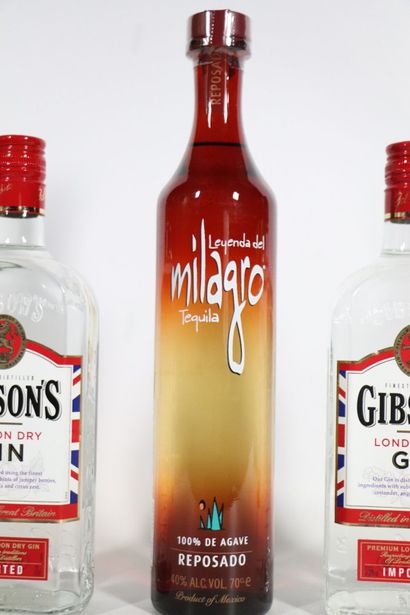 null Réunion d'alcools comprenant :
- GIBSON'S Gin, 2 bouteilles, 
- Milagro Tequila,...