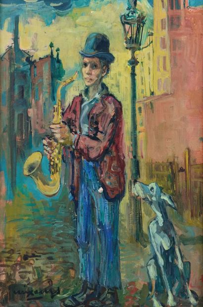 null Père CREIXAMS (1893-1965). 
Le saxophoniste de rue. 
Huile sur toile, signée...