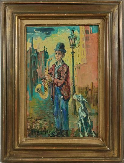 null Père CREIXAMS (1893-1965). 
Le saxophoniste de rue. 
Huile sur toile, signée...