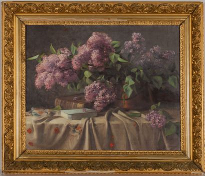 null École française vers 1900.
Nature morte au bouquet de lilas, dans un pot de...