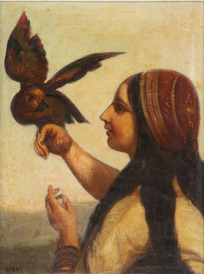 null École italienne du XIXème siècle.
Portrait de femme de profil, à l'oiseau perché...