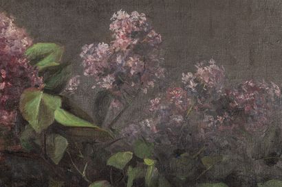null École française vers 1900.
Nature morte au bouquet de lilas, dans un pot de...