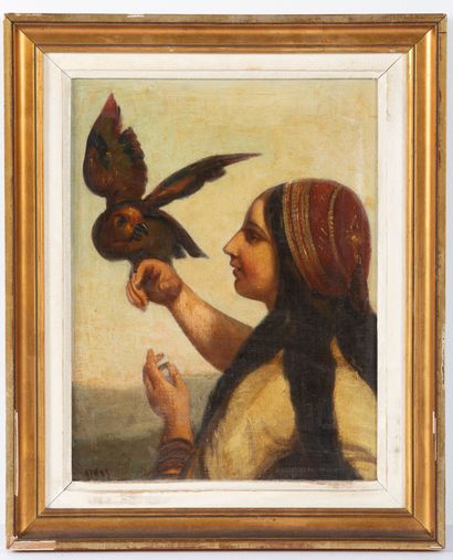 null École italienne du XIXème siècle.
Portrait de femme de profil, à l'oiseau perché...