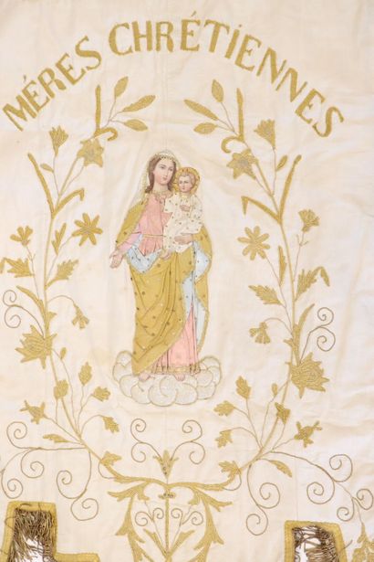 null Embroidered fabric featuring the Christ in its center. 
On a pink background...
