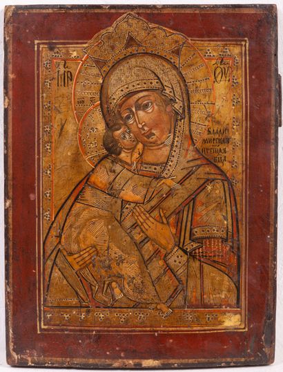 null LOT : Icon " Virgin of Vladimir ". Russia, XIXth century. Tempera on wood. 32...
