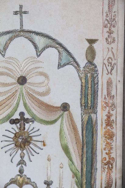 null Square of embroidered fabric decorated with an altar under a canopy. 
Work of...