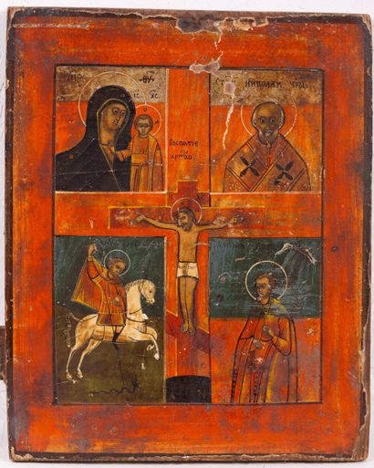 null LOT : Icon in four parts with the scene of the Crucifixion of Jesus. Russia,...