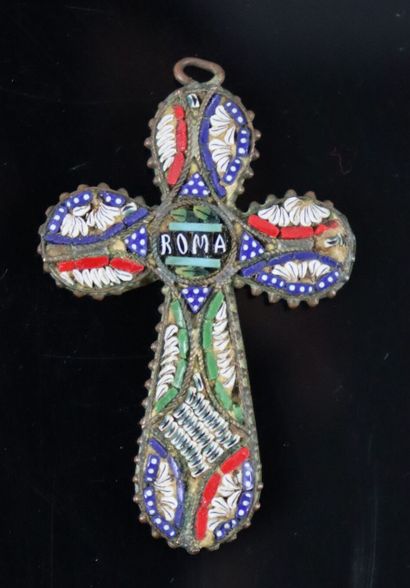 null Cross in metal and polychrome micro-mosaic. 
Annotated Roma in the center. 
Italian...
