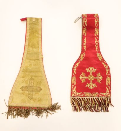 null Meeting of two small religious stoles. 
One in gold fabric decorated with a...