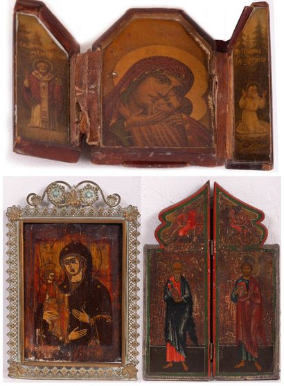 null LOT : Tryptique « Vierge Kaspirovskaya, saint Nicolas et saint Séraphin ». Russie,...