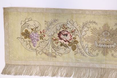 null Meeting of two embroidered hangings with floral and vine decorations, one depicting...