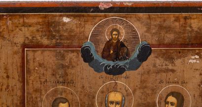 null Icon "Saint Nicholas, Saint Basil and Saint John Chrysostom
Russia, 19th century
Tempera...