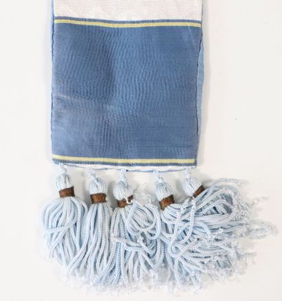 null Religious stole in blue and white silk. 
Tassels on the edges. 
Yellow and blue...