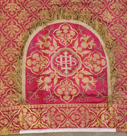 null Chasuble cape religious red fabric with rich gold embroidered foliage compartmented....