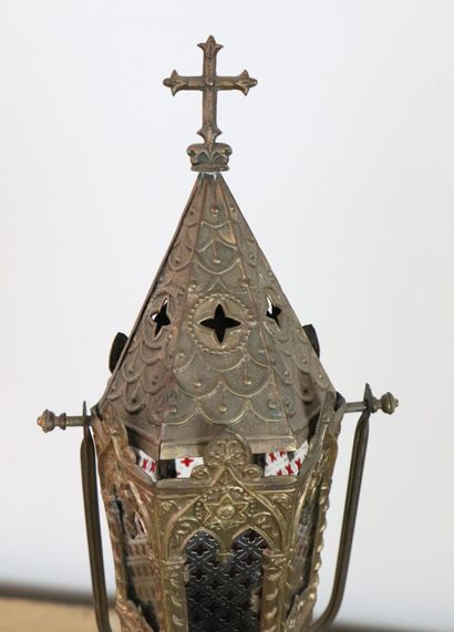 null Processional lantern in brass mounted on a bronze base, decorated with stained...
