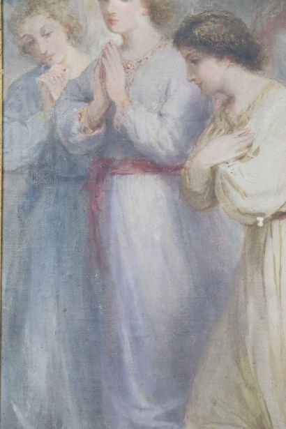 null École française du XIXème siècle.
Réunion d'anges.
Huile sur panneau.
H_63,5...