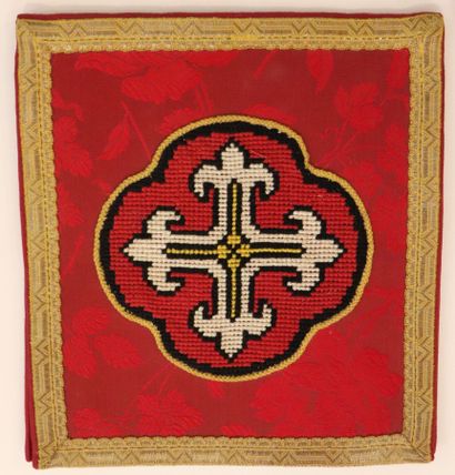 null Meeting of two religious stoles and a religious square in red fabric with foliage....