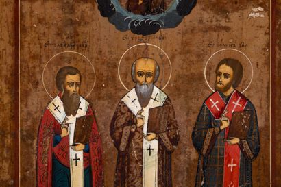 null Icon "Saint Nicholas, Saint Basil and Saint John Chrysostom
Russia, 19th century
Tempera...