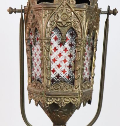 null Processional lantern in brass mounted on a bronze base, decorated with stained...