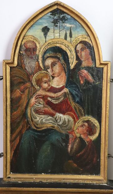 null Triptych of journey representing the Holy Family surrounded by angels. 
Oil...