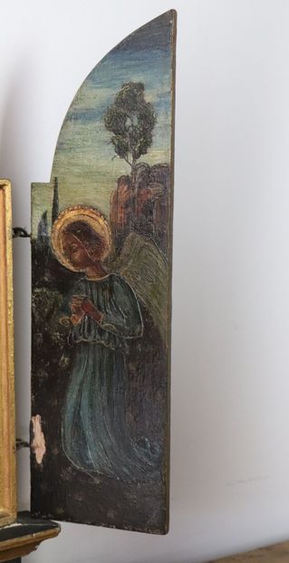 null Triptych of journey representing the Holy Family surrounded by angels. 
Oil...