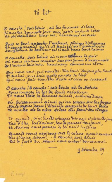 null Pierre LOUYS (1870-1925). 
Autograph poem, Le lit, December 9, 1889; 1 page...