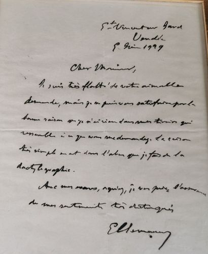 null CLÉMENCEAU (Georges). Letter a. s., dated Saint Vincent sur Jard, Vendée, June...