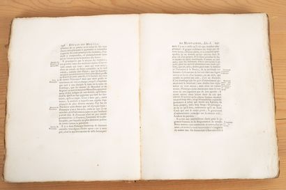 null MONTAIGNE.
Essays. Paris, Bastien, 1783. 3 vol. in-4, untrimmed, brown paper...