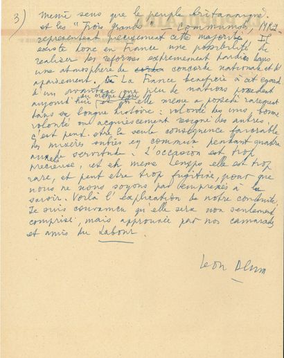 null Léon BLUM (1872-1950). 
MANUSCRIT autograph, [Paris, July 1946?]; 3 pages in-4,...