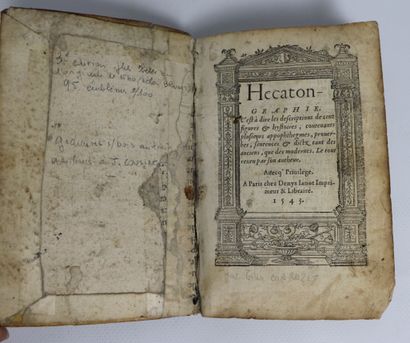 null A box of old and XIXth books, including : 
- CORROZET. Hecatongraphy. Paris,...