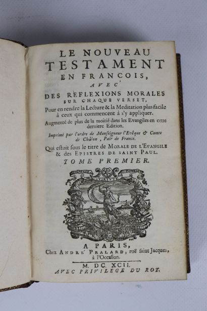 null NOUVEAU TESTAMENT (Le) en français. Paris, André Pralard, 1692. 4 vol. in-8,...