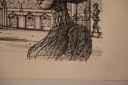 null Jean CARZOU (1907-2000). 
Lointain débarcadère de rêve. 
Lithographie, signée...