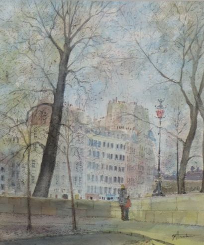 null Jean William HANOTEAU (1937).
Les quais de Paris.
Aquarelle et crayon sur papier,...