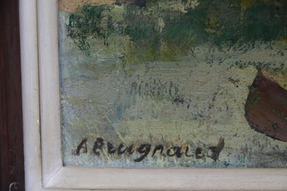 null Armand BRUGNAUD (1899-1961).
Paysage au canoé.
Huile sur panneau, signée en...