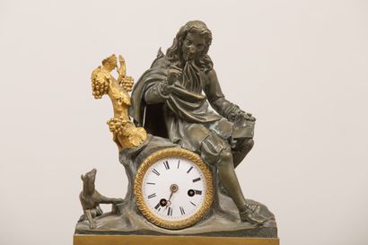 null Chased ormolu and brown patina bronze clock featuring a writer in reflection,...