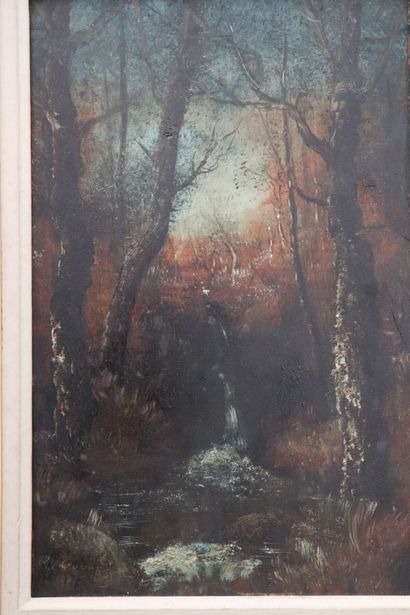 null René GOURDON (1855-?).
Paysage aux arbres.
Huile sur panneau, signé en bas à...