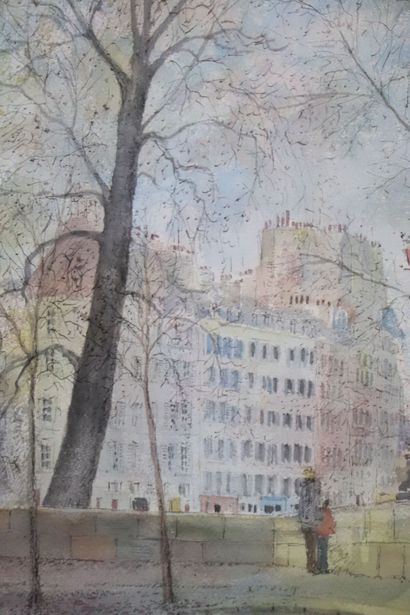 null Jean William HANOTEAU (1937).
Les quais de Paris.
Aquarelle et crayon sur papier,...