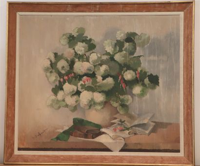 null G. SCHMITT (20th century).
Bouquet of white flowers on an entablature, "snowball".
Oil...
